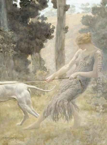 Woman Walking Her Dog Oil Painting by Edward Robert Hughes R.W.S.