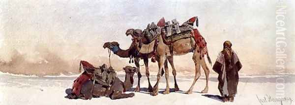 Resting with Three Camels in the Desert Oil Painting by Carl Haag