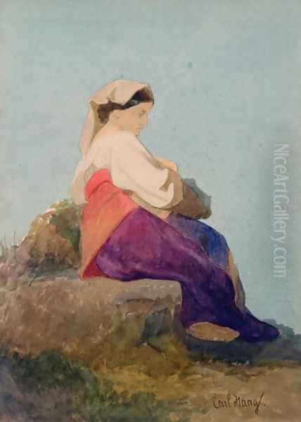 Una Chiochiara study of an Italian peasant girl Oil Painting by Carl Haag