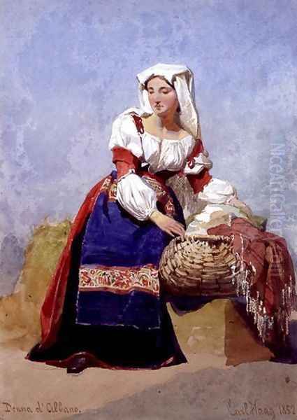 Donna dAlbano portrait of an Italian country girl seated with a basket of washing Oil Painting by Carl Haag