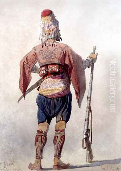 A Zebeck a Turkish warrior standing holding a gun Oil Painting by Carl Haag