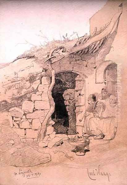 Three figures seated outside a house Nazareth Oil Painting by Carl Haag