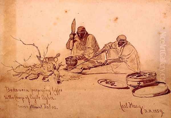 Bedouins preparing Coffee in the Camp of Agile Agha Near Mount Jaboz Oil Painting by Carl Haag