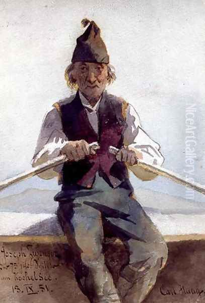 Joseph Zwenger in a Rowing Boat Bavarian Highlands Oil Painting by Carl Haag