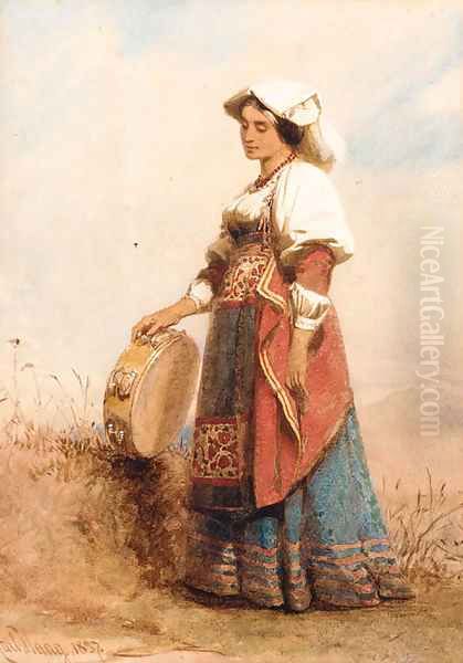 An Italian woman holding a tambourine Oil Painting by Carl Haag