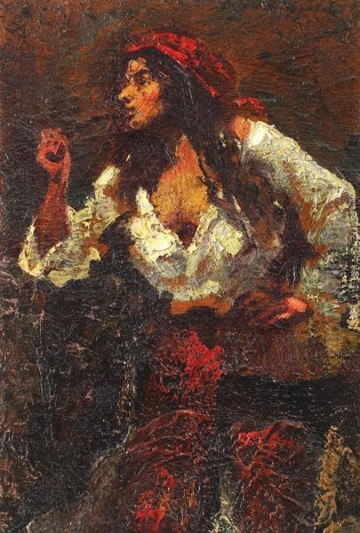 Tigancusa Cu Basma Rosie Oil Painting by Octav Bancila