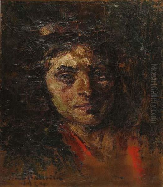 Doamna Cu al Rou Oil Painting by Octav Bancila