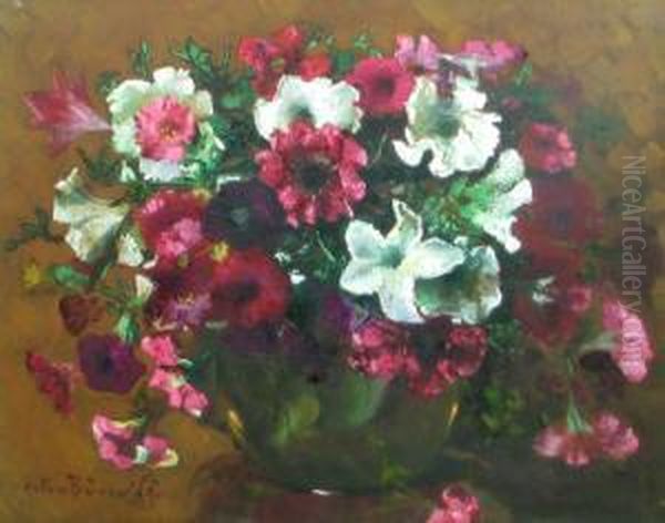 Vase With White And Red Flowers Oil Painting by Octav Bancila