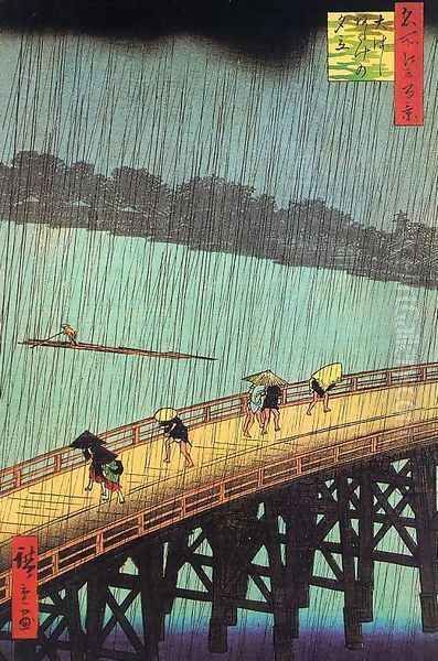 One Hundred Views of Famous Places in and around Edo- Ohashi Bridge- Sudden Shower near Atake Oil Painting by Utagawa or Ando Hiroshige