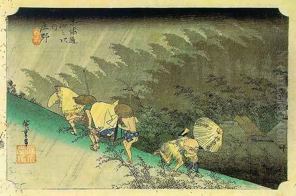 53 Stations on the Tokaido- Sudden Shower over Shono Oil Painting by Utagawa or Ando Hiroshige