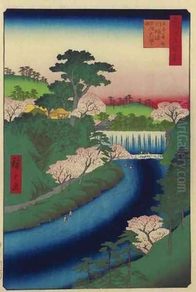 Otonashi River Dam at Oji, the so-called Big Waterfall (Oji otonashigawa entai, sezoku otakito tonau) Oil Painting by Utagawa or Ando Hiroshige