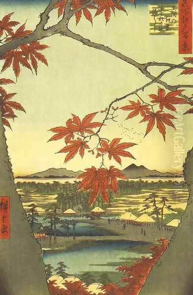 Maple Leaves at the Tekona Shrine, Mamma Oil Painting by Utagawa or Ando Hiroshige