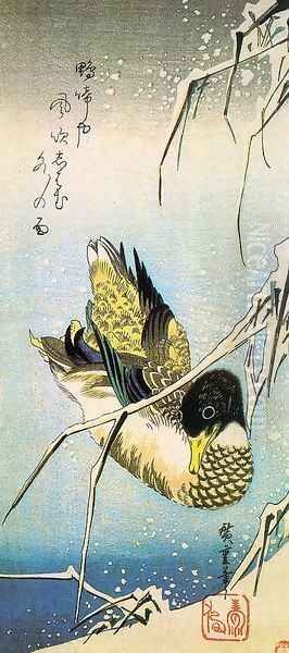 Reeds in the Snow with a Wild Duck Oil Painting by Utagawa or Ando Hiroshige