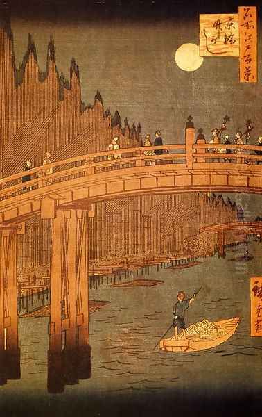 Kyobashi Bridge - Takegashi Wharf Oil Painting by Utagawa or Ando Hiroshige