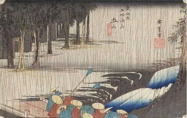 Rain Scene of Tsuchiyama Oil Painting by Utagawa or Ando Hiroshige