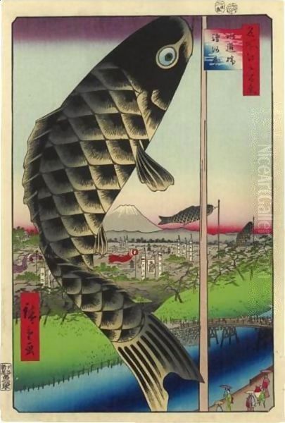 Suido Bridge on the Suruga Heights (Suidobashi Surugadai) Oil Painting by Utagawa or Ando Hiroshige