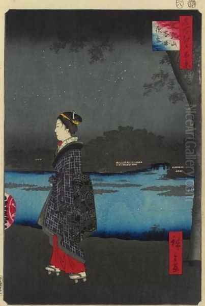 Night View of the Sanya Canal and Matsuchi Hill (Matsuchiyama sanya-bori yakei) Oil Painting by Utagawa or Ando Hiroshige