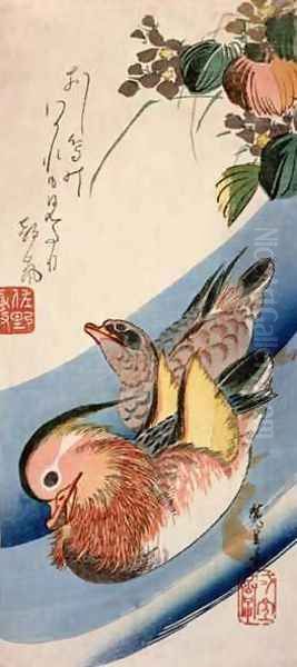 Two Mandarin Ducks Oil Painting by Utagawa or Ando Hiroshige