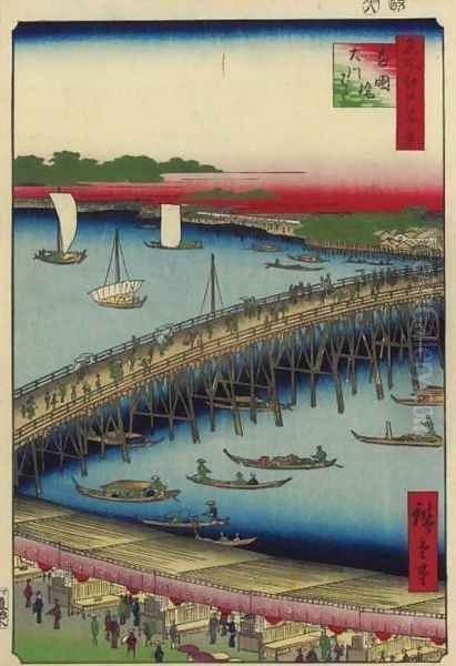 Ryogoku Bridge and the Great Riverbank (Ryogokubashi Okawabata) Oil Painting by Utagawa or Ando Hiroshige