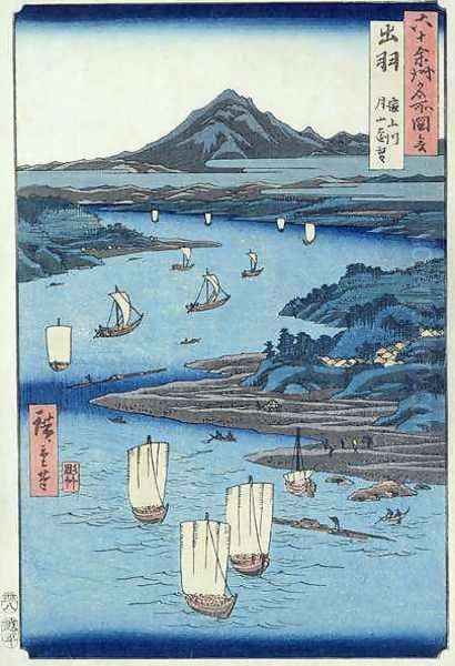 Magami River and Tsukiyama Dewa Province Oil Painting by Utagawa or Ando Hiroshige