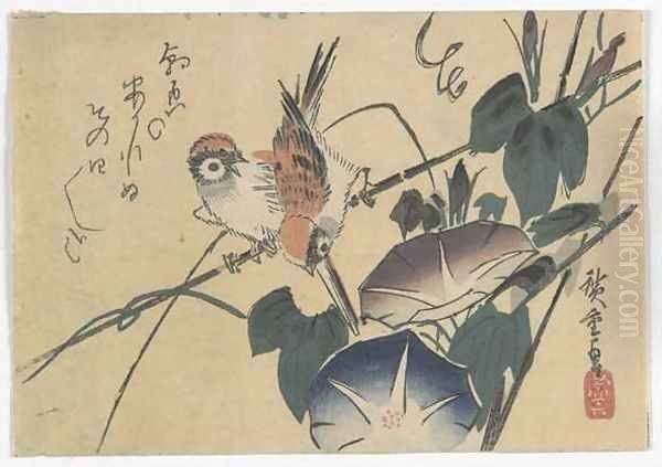 Sparrows and Morning Glories Edo period Oil Painting by Utagawa or Ando Hiroshige