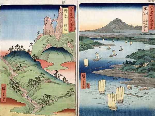 A landscape and seascape two views from the series 60 Odd Famous Views of the Provinces Oil Painting by Utagawa or Ando Hiroshige