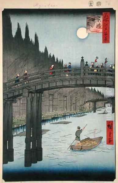 Bamboo Yards Kyobashi Bridge No 76 from One Hundred Views of Edo Edo Period Ansei Era Oil Painting by Utagawa or Ando Hiroshige