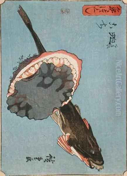 A Catfish with a Limpet from Small Fishes Series Oil Painting by Utagawa or Ando Hiroshige