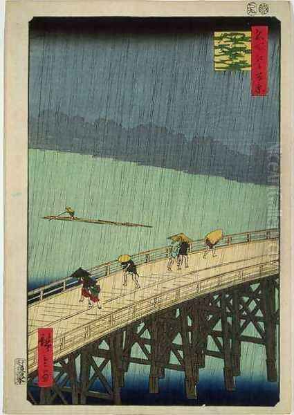 Sudden Shower over Shin Ohashi Bridge at Atake from One Hundred Views of Edo Oil Painting by Utagawa or Ando Hiroshige