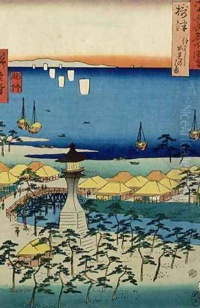 The Shore at Sumiyoshi showing the Village and Lighthouse Settsu Province from Famous Places of the Sixty Provinces Oil Painting by Utagawa or Ando Hiroshige