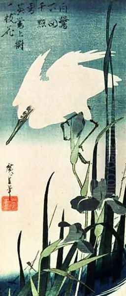 White Heron and Iris Oil Painting by Utagawa or Ando Hiroshige