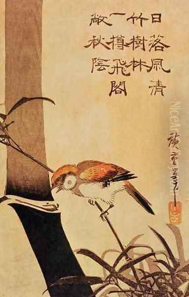 Bird and bamboo Oil Painting by Utagawa or Ando Hiroshige