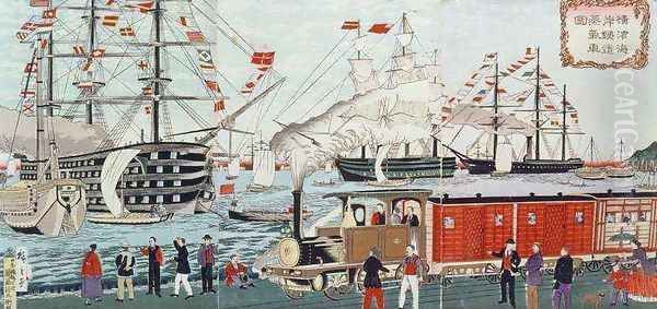 Commodore Perrys Gift of a Railway to the Japanese Oil Painting by Utagawa or Ando Hiroshige