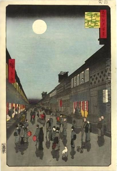 Night View of Sarawaka machi Oil Painting by Utagawa or Ando Hiroshige