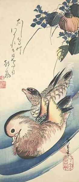 Mandarin Ducks and Waterplant Edo period Oil Painting by Utagawa or Ando Hiroshige