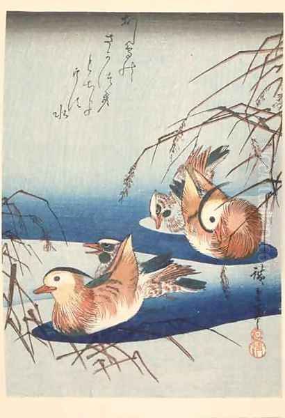 Two Pairs of Mandarin Ducks Oil Painting by Utagawa or Ando Hiroshige