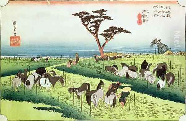 Horse Fair Ciryu from the series 53 Stations of the Tokaido Road Oil Painting by Utagawa or Ando Hiroshige