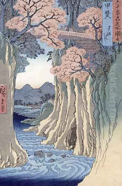 The monkey bridge in the Kai province from the series Rokuju yoshu Meisho zue Famous Places from the 60 and Other Provinces Oil Painting by Utagawa or Ando Hiroshige