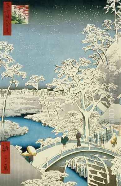 Drum bridge and Setting Sun Hill at Meguro from the series 100 Views of Edo Oil Painting by Utagawa or Ando Hiroshige