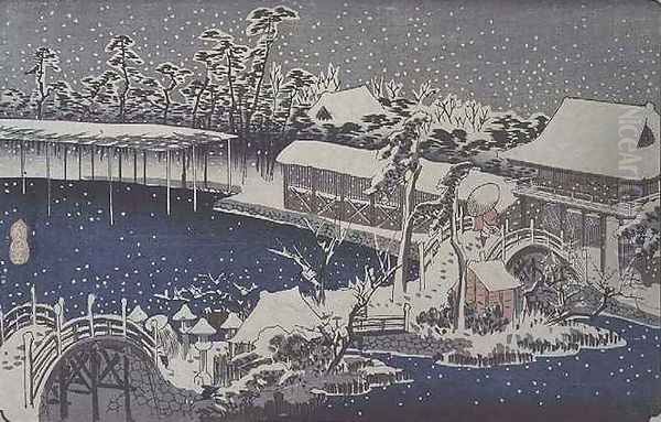 Snow at night a scene depicting a house river and ornamental garden under falling snow from the series 53 Stations of the Tokaido Oil Painting by Utagawa or Ando Hiroshige