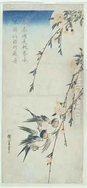 Swallows and Peach Blossom in Moonlight Oil Painting by Utagawa or Ando Hiroshige