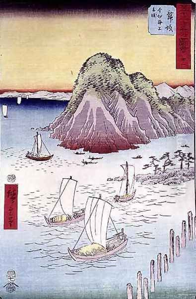 Boats on a Shore Oil Painting by Utagawa or Ando Hiroshige