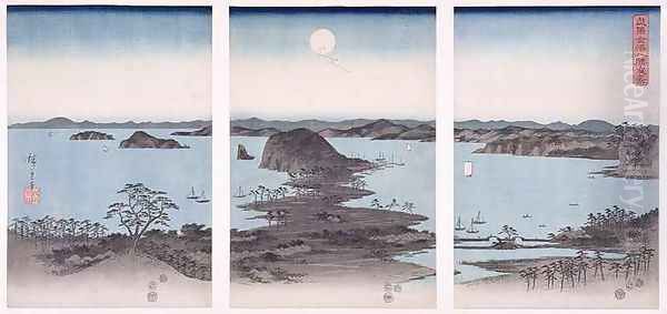 Panorama of Views of Kanazawa Under Full Moon from the series Snow Moon and Flowers Oil Painting by Utagawa or Ando Hiroshige