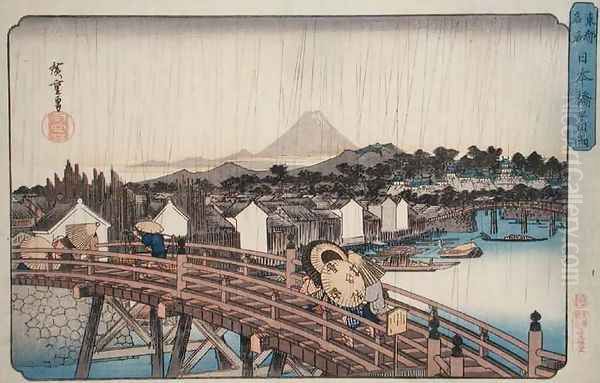 Evening Shower at Nihonbashi Bridge from Celebrated Places of the Eastern Capital Oil Painting by Utagawa or Ando Hiroshige