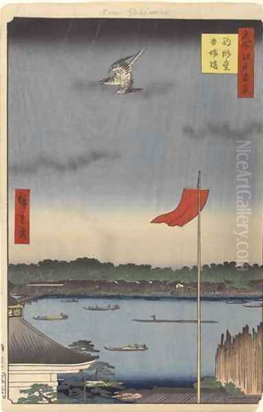 Komokata Hall and Azuma Bridge No62 from One Hundred Famous Views of Edo Oil Painting by Utagawa or Ando Hiroshige