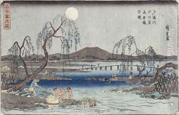 Catching Fish by Moonlight on the Tama River from a series Snow Moon and Flowers Oil Painting by Utagawa or Ando Hiroshige