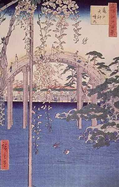 Footbridge over river with wisteria in foreground in full bloom Oil Painting by Utagawa or Ando Hiroshige