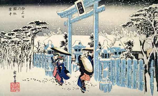 Snow at night young women leave a temple in heavy falling snow from the series 53 Stations of the Tokaido Oil Painting by Utagawa or Ando Hiroshige