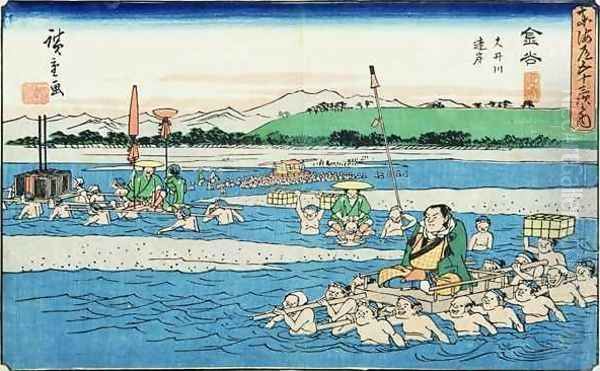 The further bank of the Oi River Oil Painting by Utagawa or Ando Hiroshige