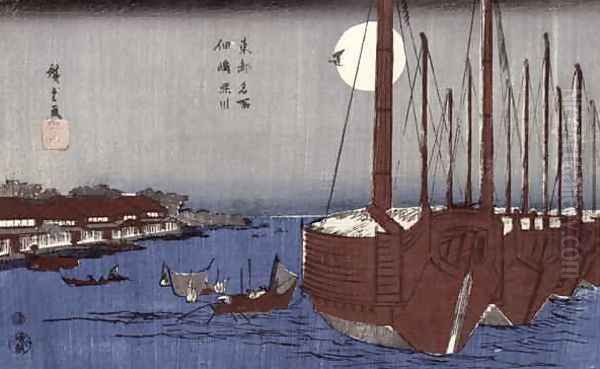 Tsukudajima island and the Fukagawa district under the full moon from the series Toto Meisho Oil Painting by Utagawa or Ando Hiroshige